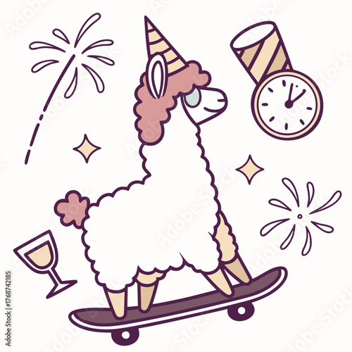 Creative SVG: Playful Llama with riding a skateboard in a New Beginnings colored New Year's Eve/Day theme