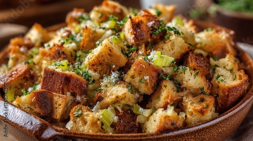 Homemade Thanksgiving stuffing with herbs and celery