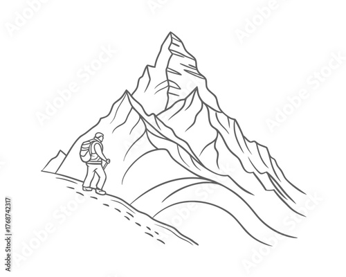 Mountain Climber Ascending Peak Linear Art Style Outdoors Adventure and Nature Exploration Inspiring Challenge Illustration