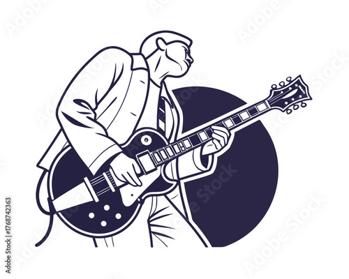 Illustrated Musician Playing Electric Guitar in Stylish Retro Design Perfect for Music Events and Promotional Materials