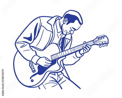 Illustration of a Musician Playing Guitar in Blue Lines on White Background Perfect for Posters and Art Prints