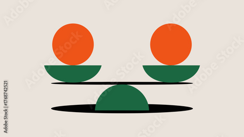 Abstract minimalist illustration of two orange circles balanced on green semi circles on a black scale against a neutral background