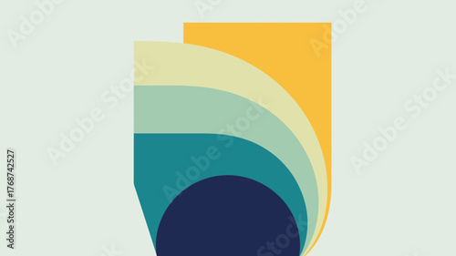 Abstract geometric design with layered curved shapes in warm and cool retro color palette