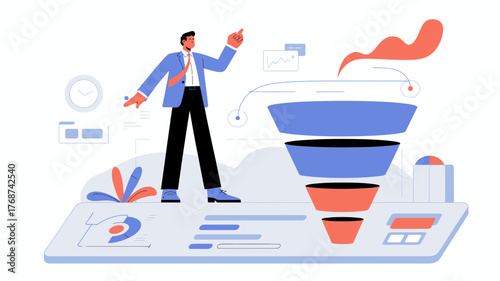 Businessman pointing upwards at a sales funnel diagram with charts and data visualizations representing business growth and strategy