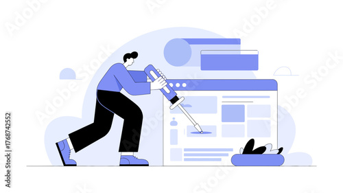 Man using a screwdriver to fix or build a website user interface design on a computer screen