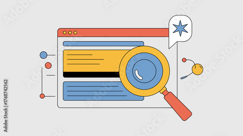Abstract illustration of a magnifying glass examining a digital interface with search results and a speech bubble containing a star icon