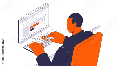 Modern isometric illustration of a person working on a computer typing on a keyboard with orange keys focused on digital tasks