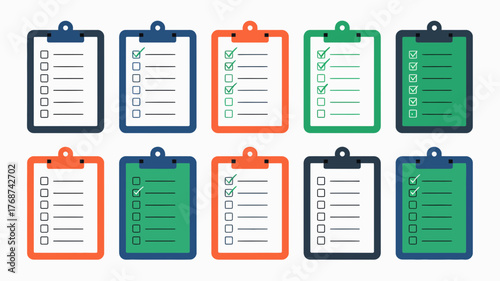Collection of colorful clipboards with checklists and checkboxes showing completed and incomplete tasks in a simple flat design style