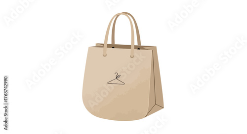 A beige tote bag with a hanger logo rests on a white background.