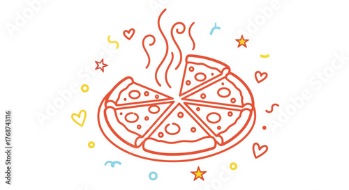 A sliced pizza with steaming hot topping is presented as a festive illustration.
