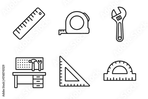 Set of outline tools: ruler, tape measure, wrench, workbench, triangle, protractor