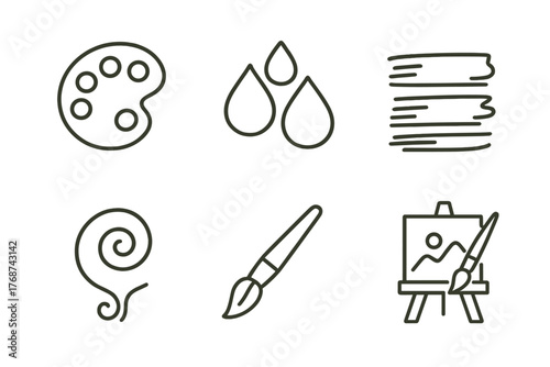 Artistic tools icons: palette, water drops, brush strokes, spiral, paintbrush, easel