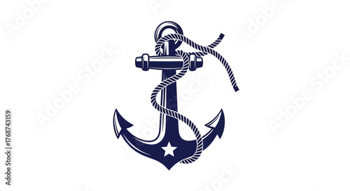 A nautical anchor with a coiled rope against a white background.