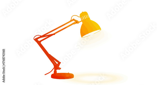 An orange desk lamp is illuminated against a white background, casting a soft glow.