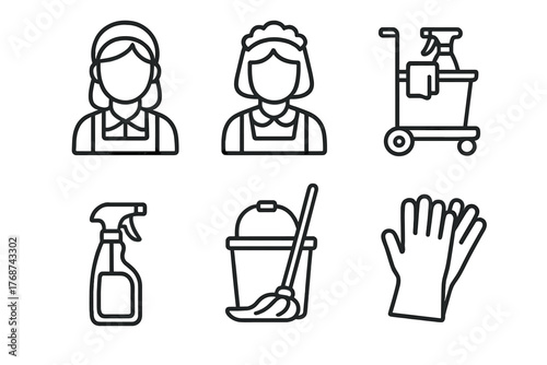 Cleaning tools and staff icons - line art of equipment and female workers