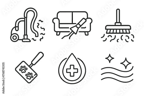 Cleaning icons: vacuum, sofa, mop, pet hair, sanitation, freshness