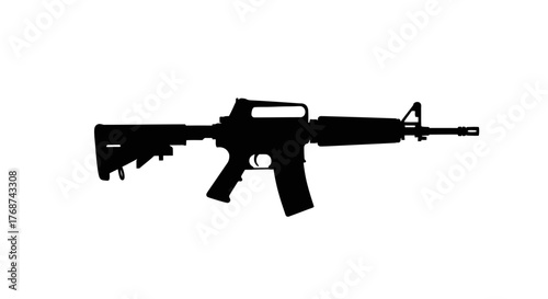 A silhouette of a modern assault rifle is shown against a white background.