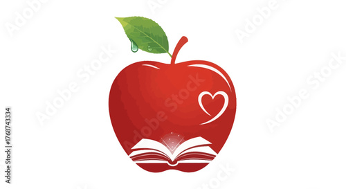 An apple with a heart and an open book symbolizes education and love for learning.