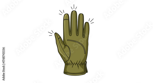 A green glove on a white background with sparkling details on the fingertips