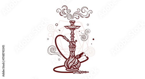 A stylized illustration of a hookah with smoke rising and decorative swirls.