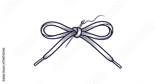 A needle and thread are used to tie a shoelace into a bow.