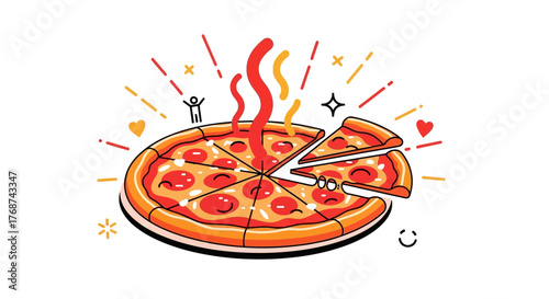 A hot and delicious pepperoni pizza is served with a slice being lifted.