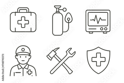 Medical equipment icons: first aid kit, oxygen tank, heart monitor, paramedic, tools, health shield