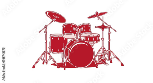 A red drum kit is depicted against a white background.