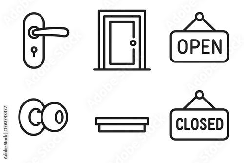 Door handle and sign icons collection: open and closed signage with doorknobs and simple door