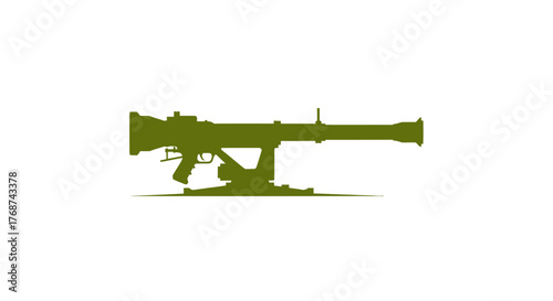 Silhouette of a military anti-tank weapon system on a tripod mount.