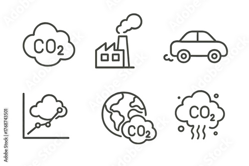Carbon emissions icons: factory, car, graph, earth, co2 cloud symbols