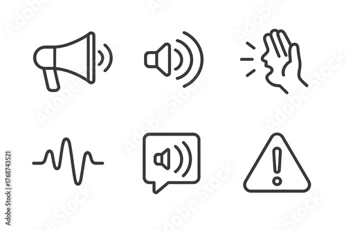 Set of communication and alert icons featuring sound and warning symbols