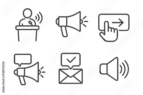 Communication icons set: speaker, megaphone, email, click symbol in outline style