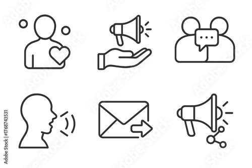 Minimalist communication icons: heart, megaphone, chat, voice, email, sharing