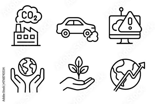 Environment icon set: pollution, climate change, sustainability illustrations