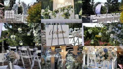 Wedding ceremony. Festive table setting. Luxurious event. Wedding arch. Collage, Multiscreen