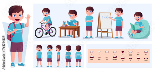 Cartoon Boy Character Constructor with Gestures, Emotions and Actions. School Child Front, side, Back View. Movable Body Parts for Animation and Lip-Sync Vector Illustration.