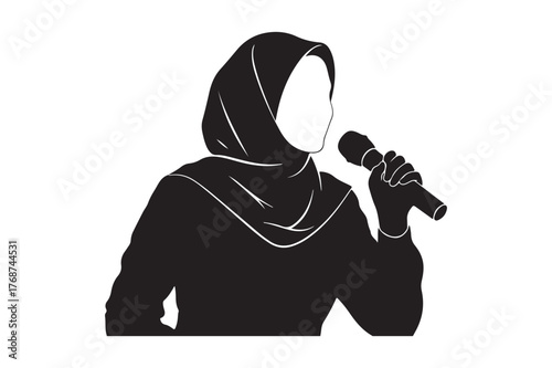 Silhouette of a woman in hijab holding a microphone
