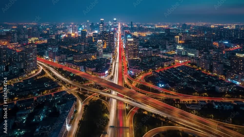 Aerial View of Urban Cityscape with Illuminated Highways at Night, Dynamic Traffic Flow