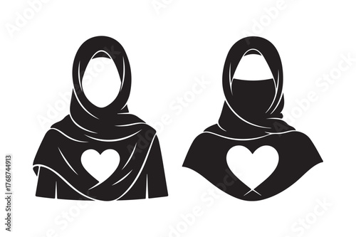 Two women in hijabs with hearts symbolizing love and unity