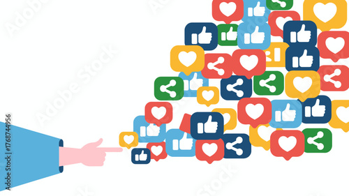 Hand pointing at a large cloud of colorful social media icons including likes hearts and shares on a white background
