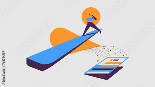 Stylized abstract illustration of a person on a blue surfboard with orange accents sending data to a smartphone screen