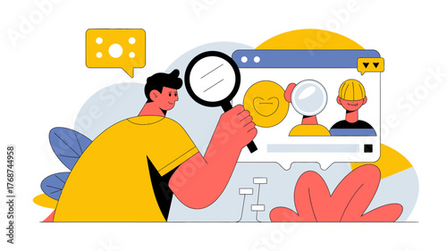 Man with magnifying glass examining profiles on a computer screen representing online search and user experience analysis