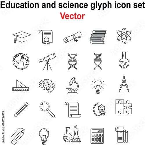 A versatile collection of simple line art icons representing concepts in education and scientific discovery.
