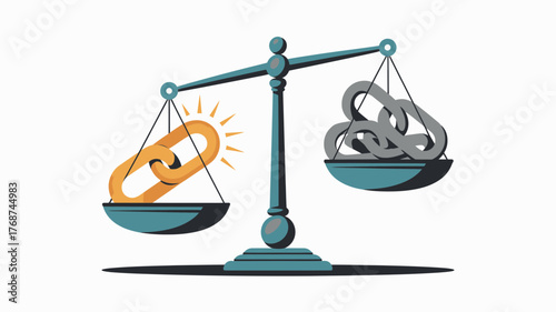 A balanced scale weighs a bright strong chain against a tangled weak chain symbolizing comparison of strength and quality