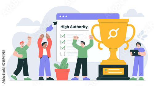 Team celebrating success and achievement with a golden trophy and checklist indicating high authority status