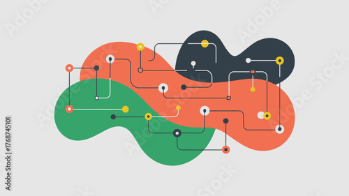 Abstract network of interconnected nodes and lines on a light gray background with organic shapes in green orange and dark blue