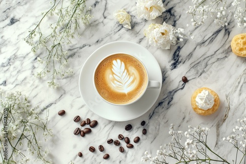 Cup of coffee with latte art surrounded by delicate white flowers and small desserts on marble surface, composition in soft natural light. For lifestyle, breakfast, morning mood, cafe design concepts