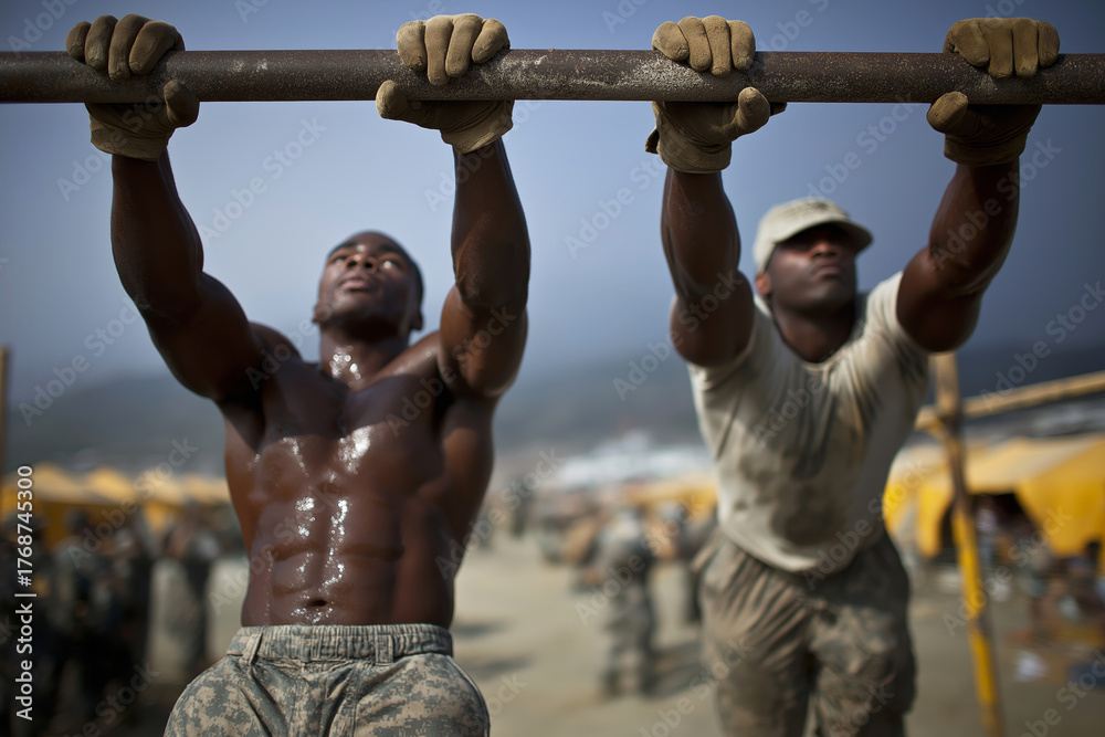 Obraz premium Military Personnel Performing Pull-Ups on Horizontal Bar in Outdoor Training Camp