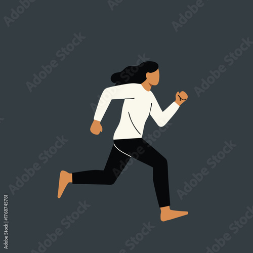 Woman running barefoot in black pants and white top isolated on dark background vector illustration